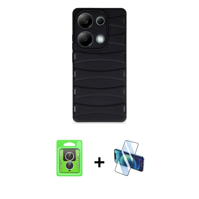 MARSİLYAN™- Redmi Note 13 Pro 4G Kılıf Doruk Form Serisi - Siyah 3D Antistatik Seramik Nano Ekran Koruyucu + Raze Metal Kamera Lens - GS