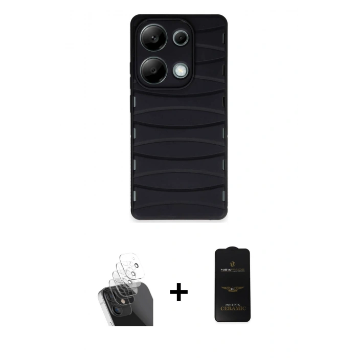 MARSİLYAN™- Redmi Note 13 Pro 4G Kılıf Doruk Form Serisi - Siyah 6D Antistatik Mat Seramik Hayalet Nano Ekran Koruyucu + Kamera Lens Koruma Cam - SF