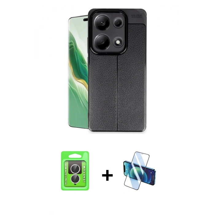 MARSİLYAN™- Redmi Note 13 Pro 4G Kılıf Doruk Klasik Özel Seri - Siyah 3D Antistatik Cam Ekran Koruyucu + Raze Metal Kamera Lens - GS
