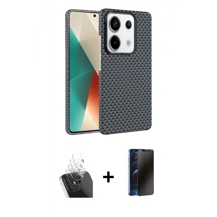 MARSİLYAN™- Redmi Note 13 Pro 4G Kılıf Doruk Serisi - Siyah 3D Antistatik Hayalet Cam Ekran Koruyucu + Kamera Lens Koruma Cam - SF