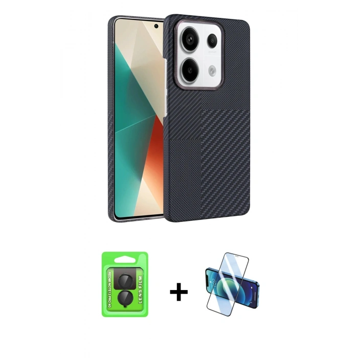 MARSİLYAN™- Redmi Note 13 Pro 4G Kılıf Doruk Serisi - Siyah 3D Antistatik Seramik Nano Ekran Koruyucu + Raze Metal Kamera Lens - SH