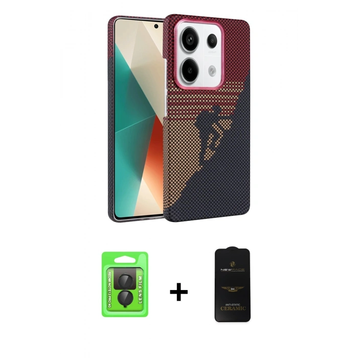 MARSİLYAN™- Redmi Note 13 Pro 4G Kılıf Doruk Serisi - Siyah 6D Antistatik Mat Seramik Hayalet Nano Ekran Koruyucu + Raze Metal Kamera Lens - SH