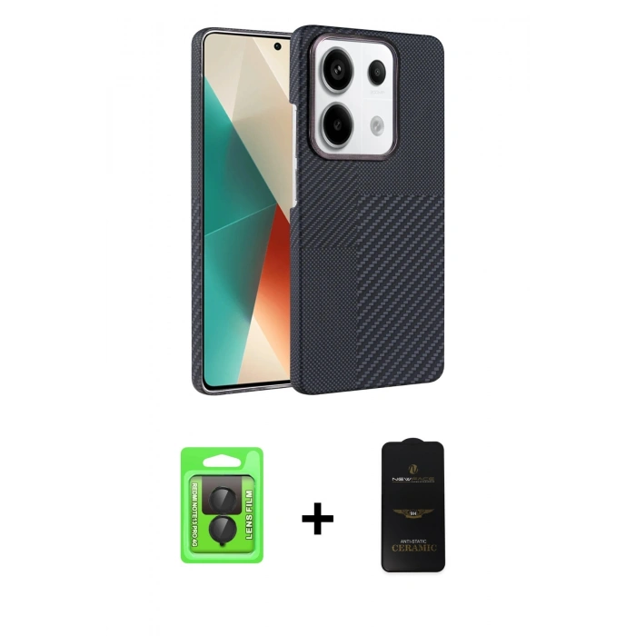 MARSİLYAN™- Redmi Note 13 Pro 4G Kılıf Doruk Serisi - Siyah 6D Antistatik Mat Seramik Hayalet Nano Ekran Koruyucu + Raze Metal Kamera Lens - SH