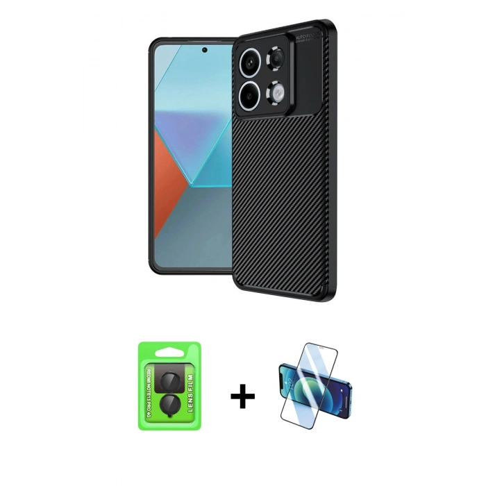 MARSİLYAN™- Redmi Note 13 Pro 4G Kılıf Eksen Form Prime - Siyah 3D Antistatik Seramik Nano Ekran Koruyucu + Raze Metal Kamera Lens - SH