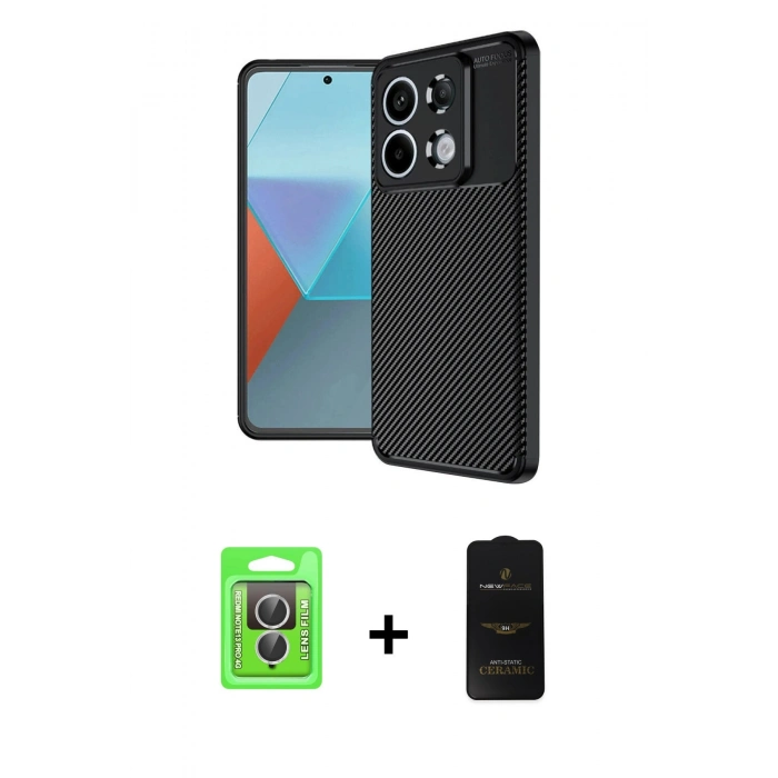 MARSİLYAN™- Redmi Note 13 Pro 4G Kılıf Eksen Form Prime - Siyah 6D Antistatik Mat Seramik Hayalet Nano Ekran Koruyucu + Raze Metal Kamera Lens - GS