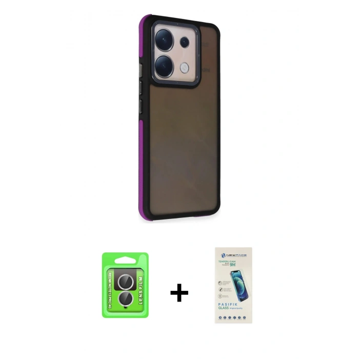 MARSİLYAN™- Redmi Note 13 Pro 4G Kılıf Eksen Işık - Şeffaf Pasifik Cam Ekran Koruyucu + Raze Metal Kamera Lens - GS