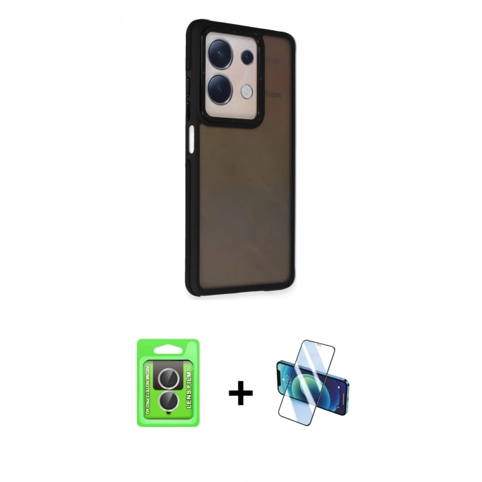 MARSİLYAN™- Redmi Note 13 Pro 4G Kılıf Eksen Işık - Siyah 3D Antistatik Cam Ekran Koruyucu + Raze Metal Kamera Lens - GS