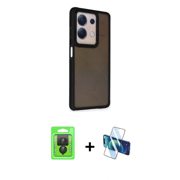 MARSİLYAN™- Redmi Note 13 Pro 4G Kılıf Eksen Işık - Siyah 3D Antistatik Cam Ekran Koruyucu + Raze Metal Kamera Lens - SH