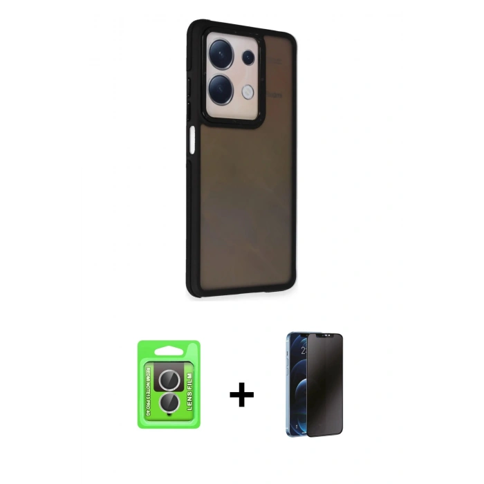 MARSİLYAN™- Redmi Note 13 Pro 4G Kılıf Eksen Işık - Siyah 3D Antistatik Hayalet Cam Ekran Koruyucu + Raze Metal Kamera Lens - GS