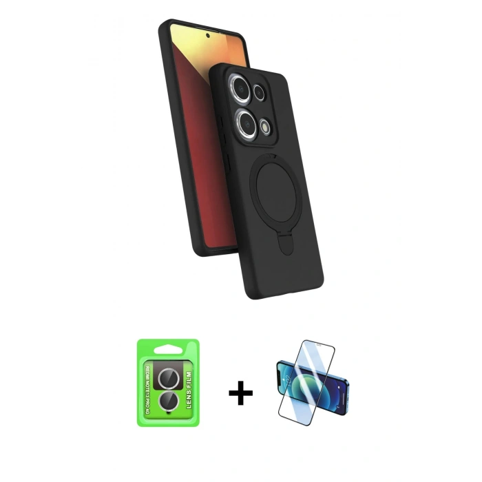 MARSİLYAN™- Redmi Note 13 Pro 4G Kılıf İz Işık Koleksiyonu - Siyah 3D Antistatik Cam Ekran Koruyucu + Raze Metal Kamera Lens - GS