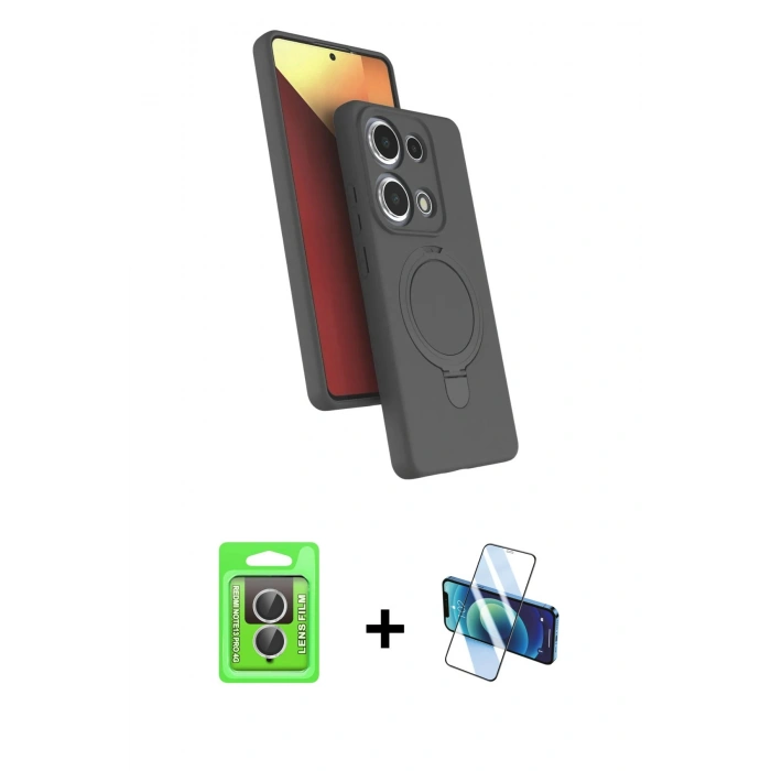 MARSİLYAN™- Redmi Note 13 Pro 4G Kılıf İz Işık Koleksiyonu - Siyah 3D Antistatik Cam Ekran Koruyucu + Raze Metal Kamera Lens - GS
