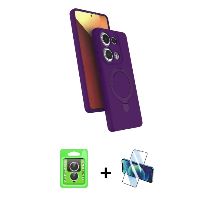 MARSİLYAN™- Redmi Note 13 Pro 4G Kılıf İz Işık Koleksiyonu - Siyah 3D Antistatik Cam Ekran Koruyucu + Raze Metal Kamera Lens - GS