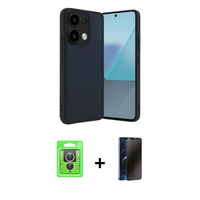 MARSİLYAN™- Redmi Note 13 Pro 4G Kılıf Kıvılcım Işık Serisi - Siyah 3D Antistatik Hayalet Cam Ekran Koruyucu + Raze Metal Kamera Lens - GS