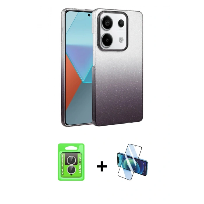 MARSİLYAN™- Redmi Note 13 Pro 4G Kılıf Kıvılcım Minimal Özel Seri - Siyah 3D Antistatik Cam Ekran Koruyucu + Raze Metal Kamera Lens - GS