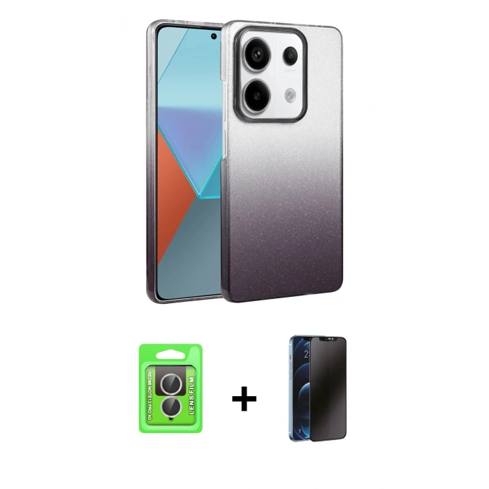 MARSİLYAN™- Redmi Note 13 Pro 4G Kılıf Kıvılcım Minimal Özel Seri - Siyah 3D Antistatik Hayalet Cam Ekran Koruyucu + Raze Metal Kamera Lens - GS