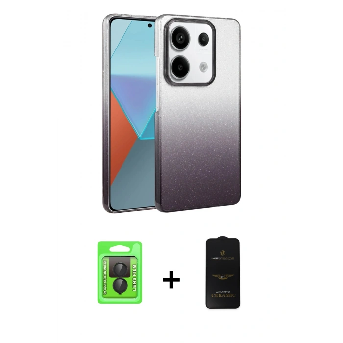 MARSİLYAN™- Redmi Note 13 Pro 4G Kılıf Kıvılcım Minimal Özel Seri - Siyah 6D Antistatik Mat Seramik Hayalet Nano Ekran Koruyucu + Raze Metal Kamera Lens - SH