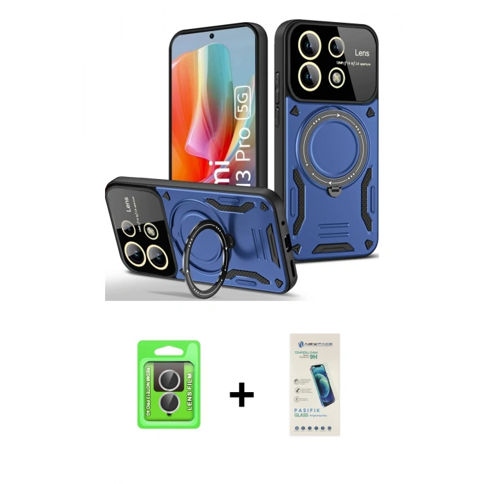 MARSİLYAN™- Redmi Note 13 Pro 4G Kılıf Kıvılcım Modern Serisi - Şeffaf Pasifik Cam Ekran Koruyucu + Raze Metal Kamera Lens - GS