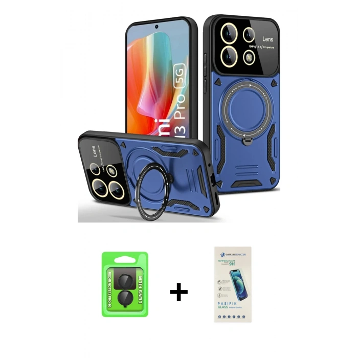 MARSİLYAN™- Redmi Note 13 Pro 4G Kılıf Kıvılcım Modern Serisi - Şeffaf Pasifik Cam Ekran Koruyucu + Raze Metal Kamera Lens - SH