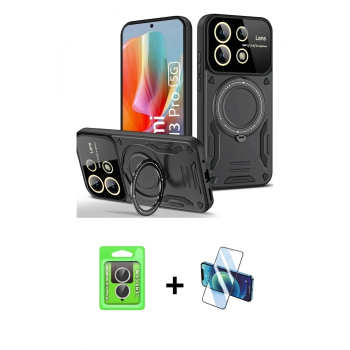 MARSİLYAN™- Redmi Note 13 Pro 4G Kılıf Kıvılcım Modern Serisi - Siyah 3D Antistatik Cam Ekran Koruyucu + Raze Metal Kamera Lens - GS