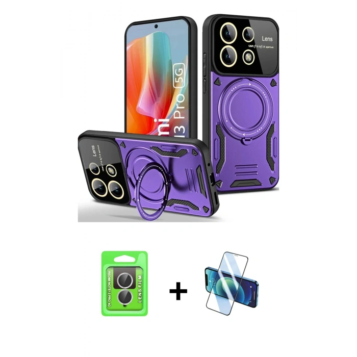 MARSİLYAN™- Redmi Note 13 Pro 4G Kılıf Kıvılcım Modern Serisi - Siyah 3D Antistatik Cam Ekran Koruyucu + Raze Metal Kamera Lens - GS