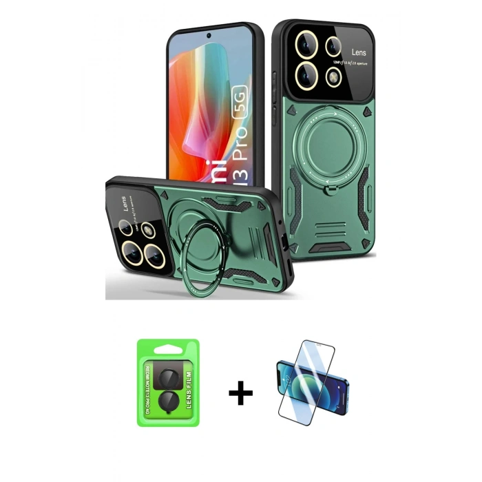 MARSİLYAN™- Redmi Note 13 Pro 4G Kılıf Kıvılcım Modern Serisi - Siyah 3D Antistatik Cam Ekran Koruyucu + Raze Metal Kamera Lens - SH