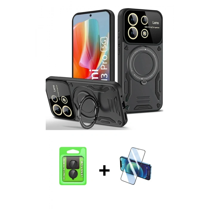 MARSİLYAN™- Redmi Note 13 Pro 4G Kılıf Kıvılcım Modern Serisi - Siyah 3D Antistatik Seramik Nano Ekran Koruyucu + Siyah Raze Metal Kamera Lens