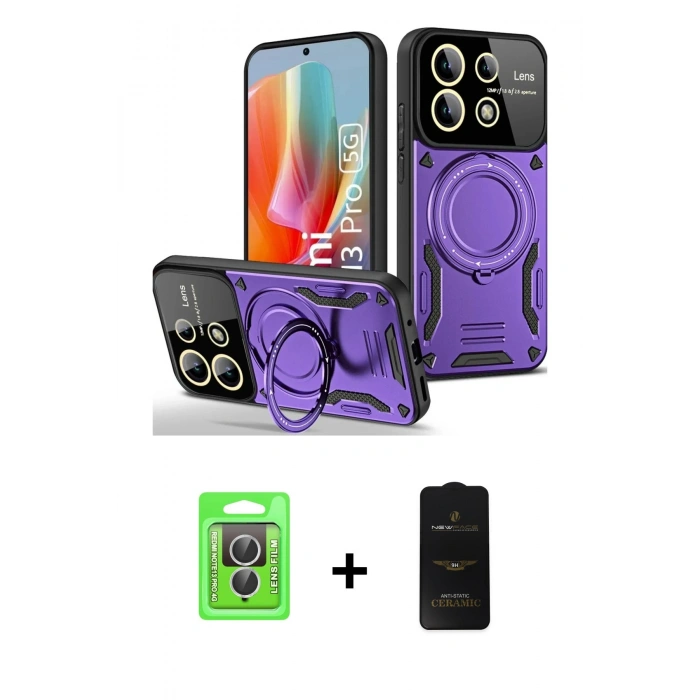 MARSİLYAN™- Redmi Note 13 Pro 4G Kılıf Kıvılcım Modern Serisi - Siyah 6D Antistatik Mat Seramik Hayalet Nano Ekran Koruyucu + Raze Metal Kamera Lens - GS