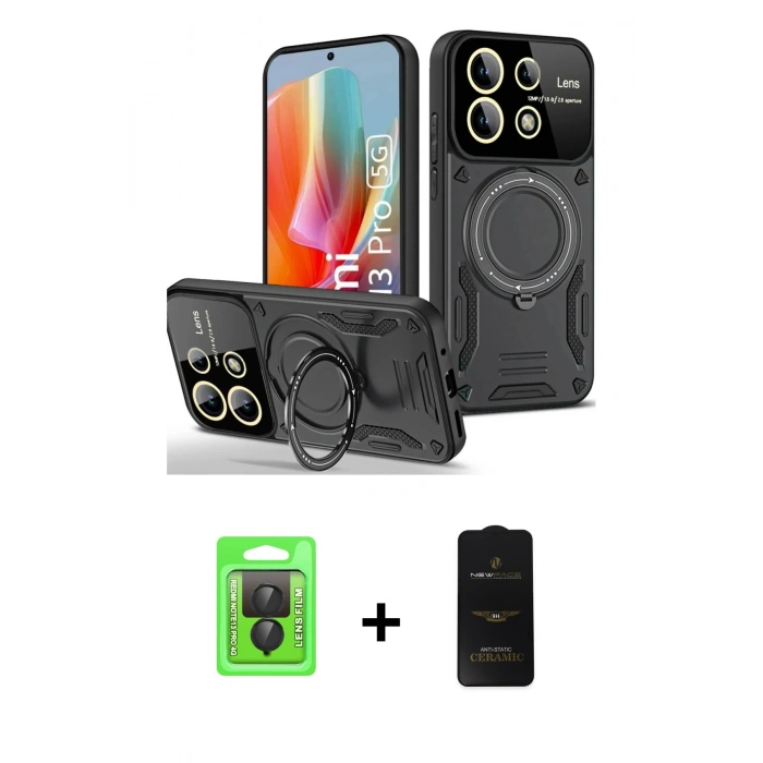 MARSİLYAN™- Redmi Note 13 Pro 4G Kılıf Kıvılcım Modern Serisi - Siyah 6D Antistatik Mat Seramik Hayalet Nano Ekran Koruyucu + Siyah Raze Metal Kamera Lens