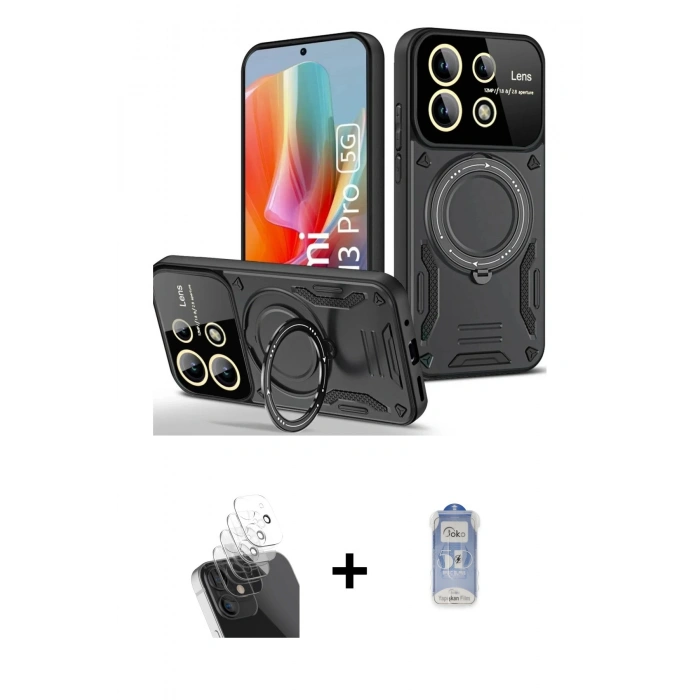 MARSİLYAN™- Redmi Note 13 Pro 4G Kılıf Kıvılcım Modern Serisi - Siyah Joko Magic 5D Cam + Şeffaf Kamera Lens Koruma Cam
