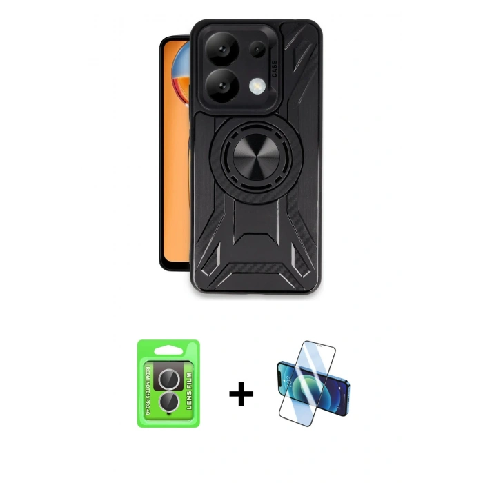 MARSİLYAN™- Redmi Note 13 Pro 4G Kılıf Nova Yansıma Prime - Siyah 3D Antistatik Cam Ekran Koruyucu + Raze Metal Kamera Lens - GS