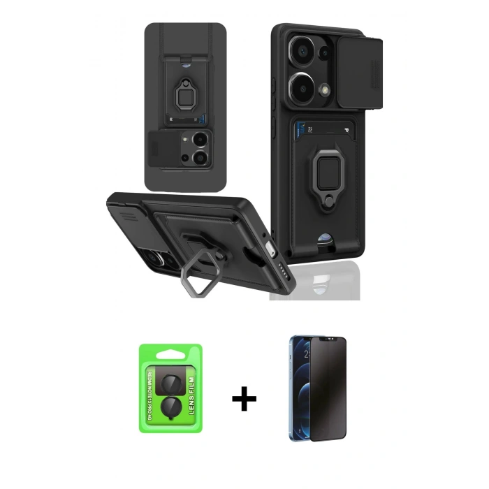 MARSİLYAN™- Redmi Note 13 Pro 4G Kılıf Vadi Form Prime - Siyah 3D Antistatik Hayalet Cam Ekran Koruyucu + Raze Metal Kamera Lens - SH