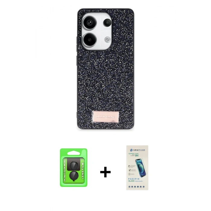 MARSİLYAN™- Redmi Note 13 Pro 4G Kılıf Vadi Klasik Serisi - Şeffaf Pasifik Cam Ekran Koruyucu + Siyah Raze Metal Kamera Lens