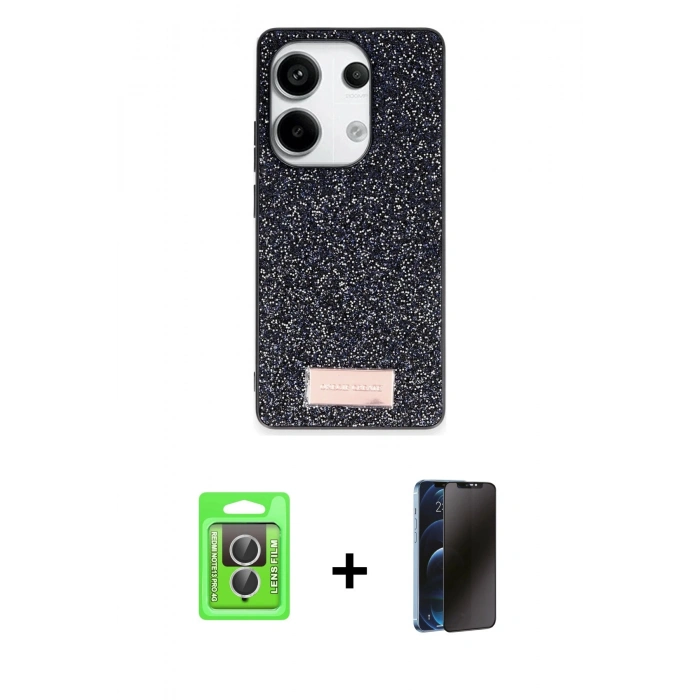 MARSİLYAN™- Redmi Note 13 Pro 4G Kılıf Vadi Klasik Serisi - Siyah 3D Antistatik Hayalet Cam Ekran Koruyucu + Raze Metal Kamera Lens - GS