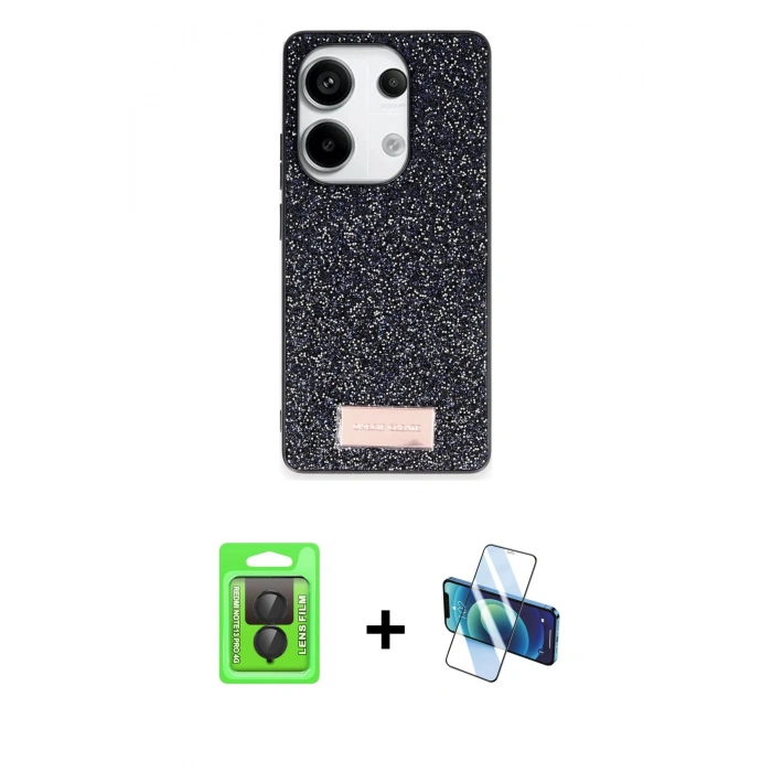 MARSİLYAN™- Redmi Note 13 Pro 4G Kılıf Vadi Klasik Serisi - Siyah 3D Antistatik Seramik Nano Ekran Koruyucu + Raze Metal Kamera Lens - SH