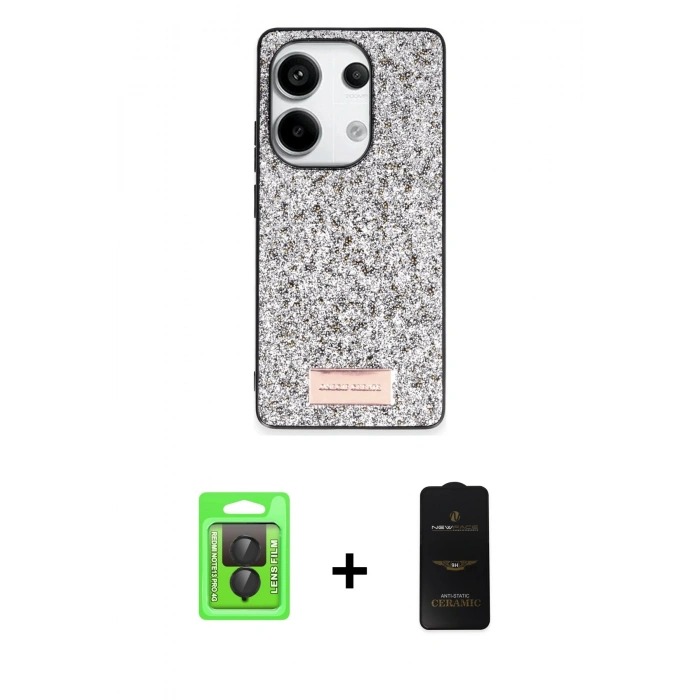 MARSİLYAN™- Redmi Note 13 Pro 4G Kılıf Vadi Klasik Serisi - Siyah 6D Antistatik Mat Seramik Hayalet Nano Ekran Koruyucu + Raze Metal Kamera Lens - SH