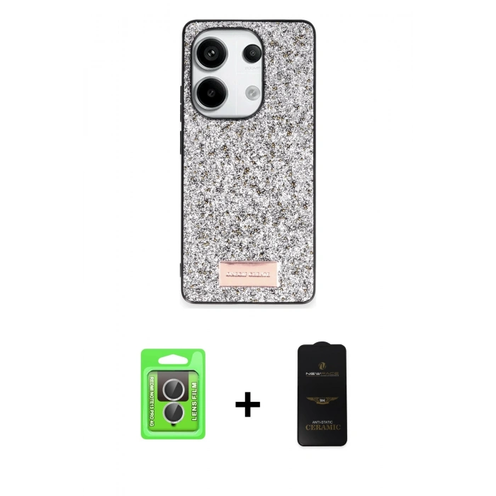 MARSİLYAN™- Redmi Note 13 Pro 4G Kılıf Vadi Klasik Serisi - Siyah 6D Antistatik Mat Seramik Hayalet Nano Ekran Koruyucu + Gümüş Raze Metal Kamera Lens