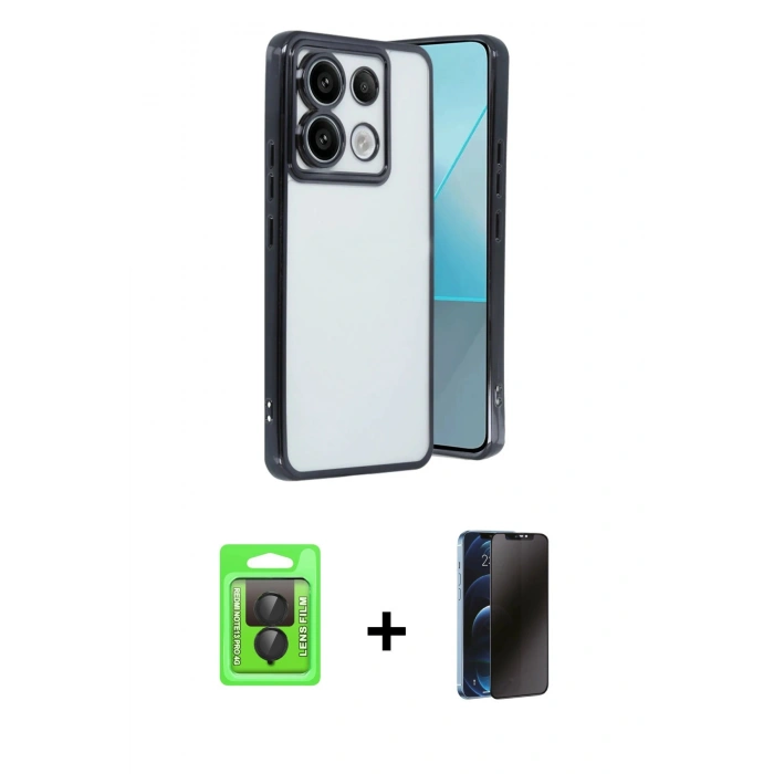MARSİLYAN™- Redmi Note 13 Pro 4G Kılıf Vadi Minimal - Siyah 3D Antistatik Hayalet Cam Ekran Koruyucu + Raze Metal Kamera Lens - SH