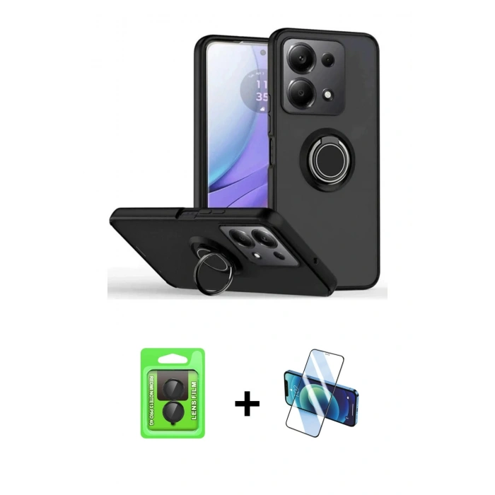 MARSİLYAN™- Redmi Note 13 Pro 4G Kılıf Yörünge Çizgi - Siyah 3D Antistatik Seramik Nano Ekran Koruyucu + Raze Metal Kamera Lens - SH