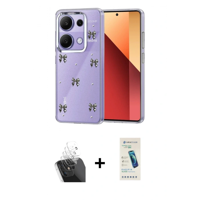 MARSİLYAN™- Redmi Note 13 Pro 4G Kılıf Yörünge Form - Şeffaf Pasifik Cam Ekran Koruyucu + Kamera Lens Koruma Cam - SF