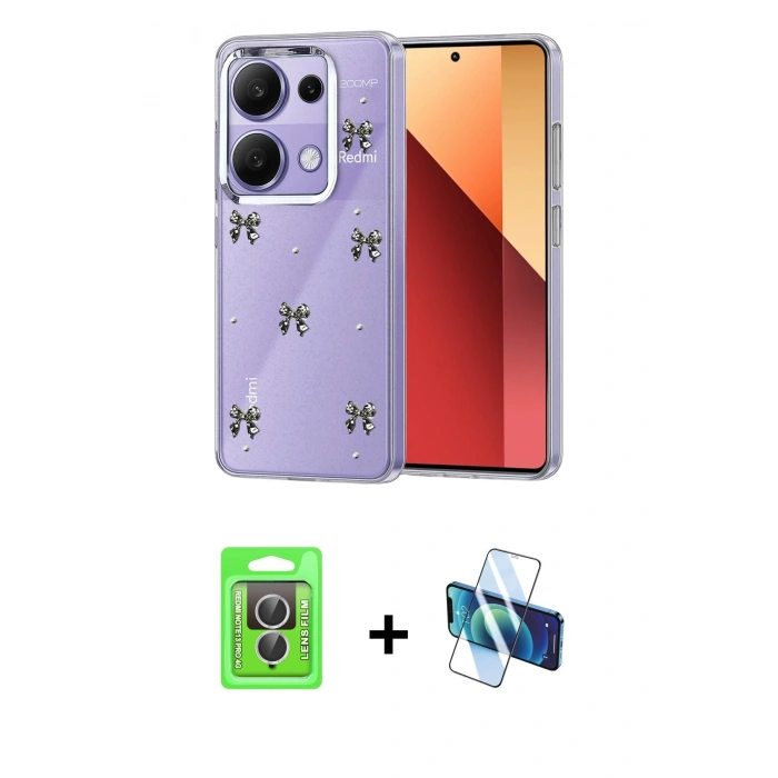 MARSİLYAN™- Redmi Note 13 Pro 4G Kılıf Yörünge Form - Siyah 3D Antistatik Seramik Nano Ekran Koruyucu + Raze Metal Kamera Lens - GS