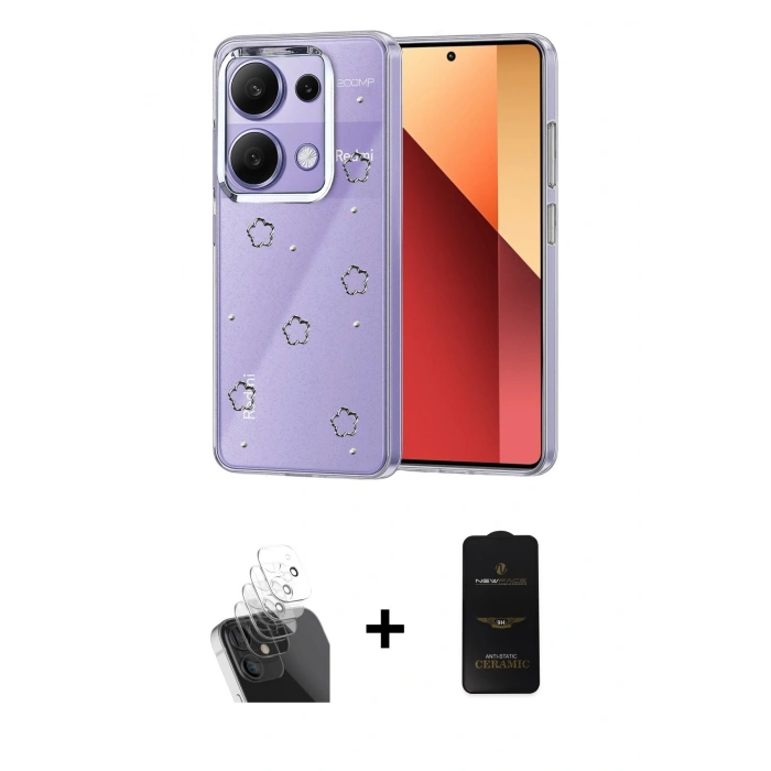 MARSİLYAN™- Redmi Note 13 Pro 4G Kılıf Yörünge Form - Siyah 6D Antistatik Mat Seramik Hayalet Nano Ekran Koruyucu + Kamera Lens Koruma Cam - SF