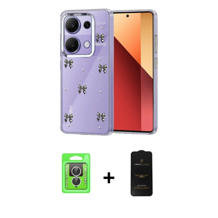 MARSİLYAN™- Redmi Note 13 Pro 4G Kılıf Yörünge Form - Siyah 6D Antistatik Mat Seramik Hayalet Nano Ekran Koruyucu + Raze Metal Kamera Lens - GS