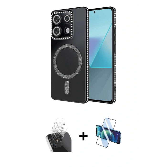 MARSİLYAN™- Redmi Note 13 Pro 4G Kılıf Zirve Doku Prime - Siyah 3D Antistatik Cam Ekran Koruyucu + Şeffaf Kamera Lens Koruma Cam