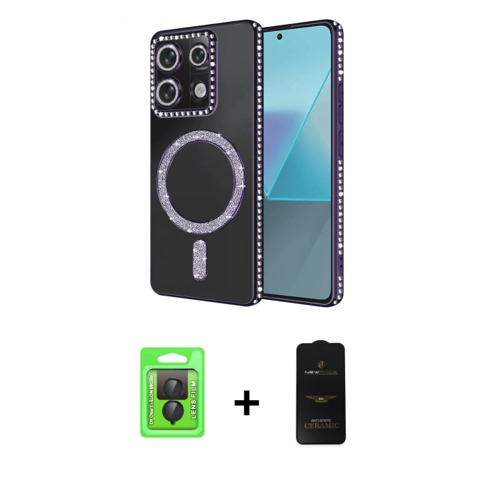 MARSİLYAN™- Redmi Note 13 Pro 4G Kılıf Zirve Doku Prime - Siyah 6D Antistatik Mat Seramik Hayalet Nano Ekran Koruyucu + Raze Metal Kamera Lens - SH