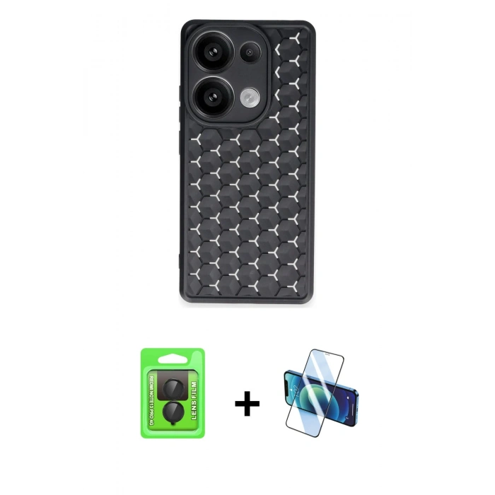 MARSİLYAN™- Redmi Note 13 Pro 4G Kılıf Zirve Form - Siyah 3D Antistatik Cam Ekran Koruyucu + Raze Metal Kamera Lens - SH