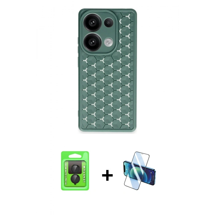 MARSİLYAN™- Redmi Note 13 Pro 4G Kılıf Zirve Form - Siyah 3D Antistatik Cam Ekran Koruyucu + Raze Metal Kamera Lens - SH