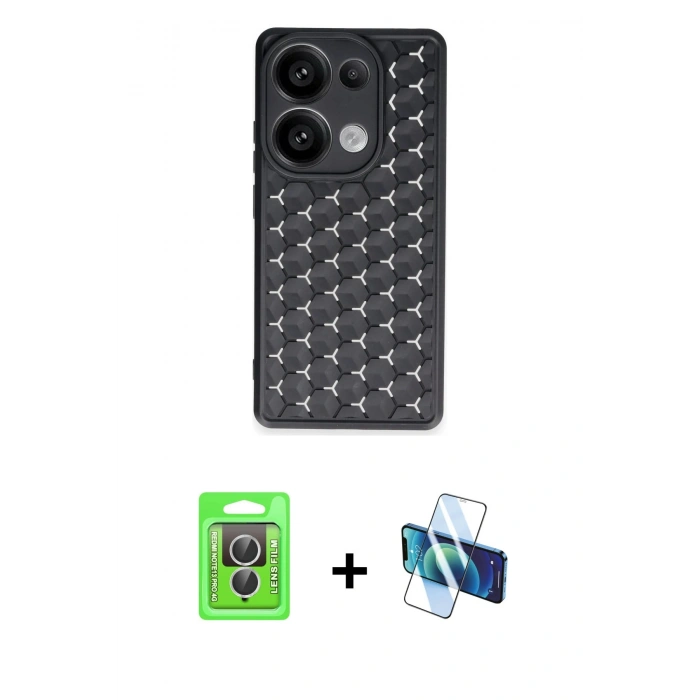 MARSİLYAN™- Redmi Note 13 Pro 4G Kılıf Zirve Form - Siyah 3D Antistatik Seramik Nano Ekran Koruyucu + Raze Metal Kamera Lens - GS