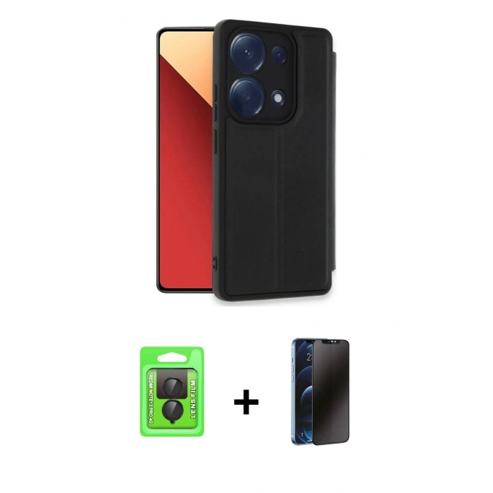 MARSİLYAN™- Redmi Note 13 Pro 4G Kılıf Zirve Yansıma Serisi - Siyah 3D Antistatik Hayalet Cam Ekran Koruyucu + Raze Metal Kamera Lens - SH