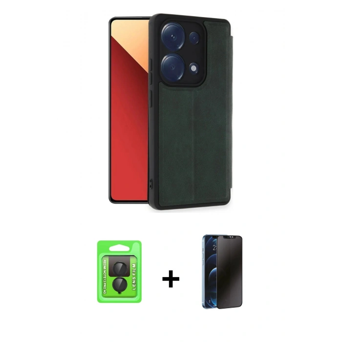 MARSİLYAN™- Redmi Note 13 Pro 4G Kılıf Zirve Yansıma Serisi - Siyah 3D Antistatik Hayalet Cam Ekran Koruyucu + Raze Metal Kamera Lens - SH