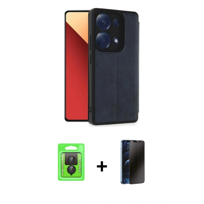 MARSİLYAN™- Redmi Note 13 Pro 4G Kılıf Zirve Yansıma Serisi - Siyah 3D Antistatik Hayalet Cam Ekran Koruyucu + Raze Metal Kamera Lens - SH